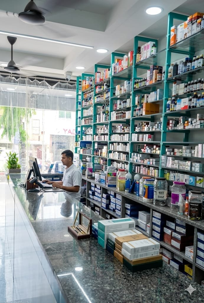 Pharmacist attending to a prescription at Tara Medicos